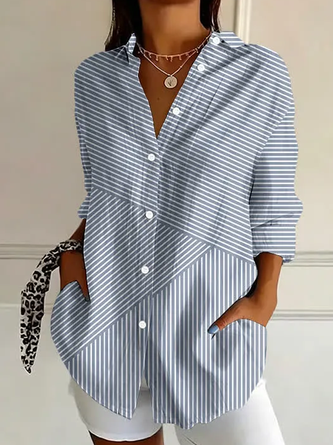 Striped Shirt Collar Long Sleeve Shirt Buckle Regular Sleeve Casual Daily Spring Fall Top