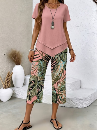 Plants Printing Two Piece Set Daily Short Sleeve Casual Summer Top Pants Matching Set