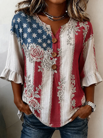 Floral V Neck Half Sleeve Blouse Printing Vintage Daily Summer Top