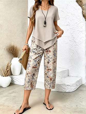 Floral Printing Two Piece Set Daily Short Sleeve Casual Summer Top Pants Matching Set