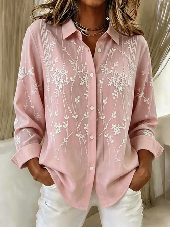 Leaf Shirt Collar Long Sleeve Shirt Buckle Regular Sleeve Casual Daily Spring Fall Top