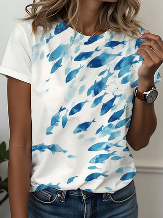 Fish Short Sleeve Tee T shirt Crew Neck Printing Casual Graphic Tee Summer Top
