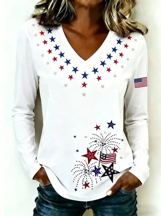Independence Day Long Sleeve Tee 4th July Patriotic Shirt V Neck Printing Casual Graphic Tee Spring Fall Top