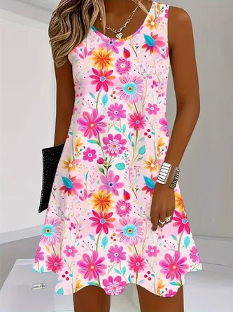 Floral Sleeveless Crew Neck Printing Dress Daily Casual Midi Tank Line Summer Dress