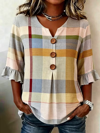 Plaid V Neck Half Sleeve Blouse Printing Vintage Daily Summer Top