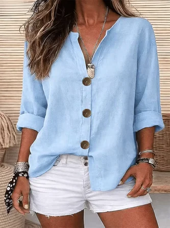 Plain Stand Collar Long Sleeve Shirt Buckle Casual Daily Spring Fall Top