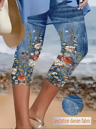 Floral Capris Elastic Waist Pants Casual Summer Trousers