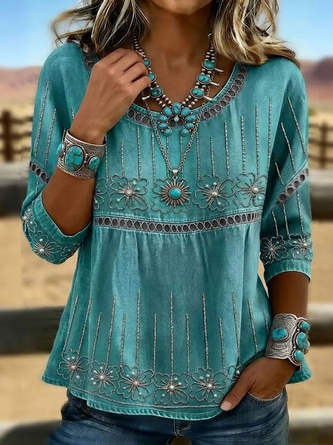 Women's floral crew neck half-sleeve blouse