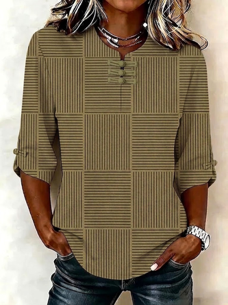 Striped Mandarin Collar Half Sleeve Blouse Printing Vintage Daily Summer Top