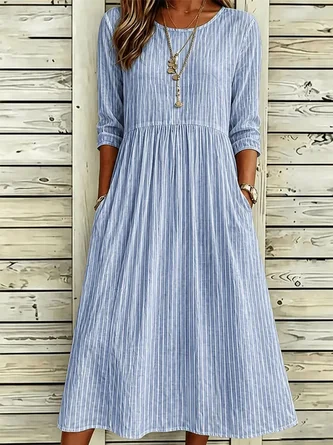 Striped Half Sleeve Crew Neck Printing Dress Daily Casual Maxi H Line Summer Dress