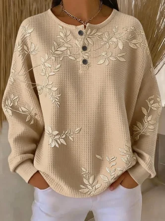 Leaf Henley Collar Vintage Spring Fall Long Sleeve Sweatshirt