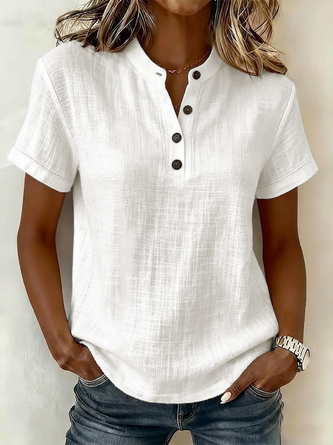 Plain V Neck Short Sleeve Shirt Buckle Casual Daily Summer Top