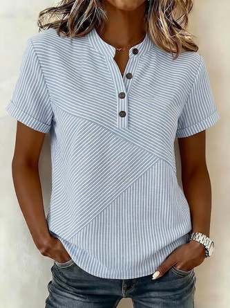 Striped V Neck Short Sleeve Shirt Printing Casual Daily Summer Top