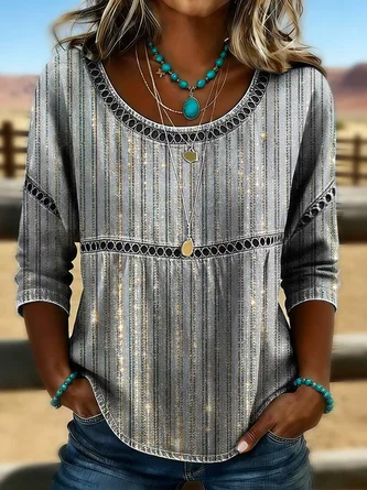 Abstract Stripes Crew Neck Half Sleeve Blouse Printing Casual Daily Summer Top