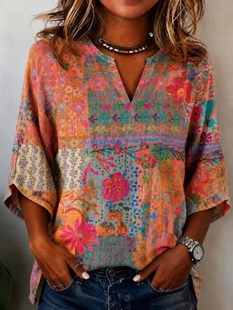 Floral Half Open Collar Half Sleeve Blouse Vintage Daily Summer Top