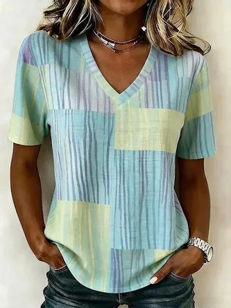 Abstract Stripes Short Sleeve Tee T shirt V Neck Printing Vintage Summer Top