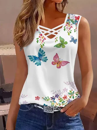 Sleeveless Tank Top Camisole Summer Floral Printing V Neck Daily Casual Top