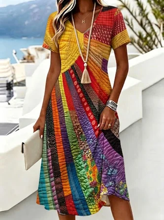 Floral Short Sleeve V Neck Dress Daily Vintage Midi Line Summer Dress