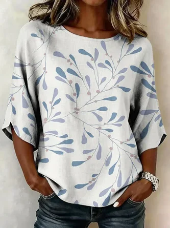 Leaf Crew Neck Half Sleeve Blouse Printing Vintage Daily Summer Top