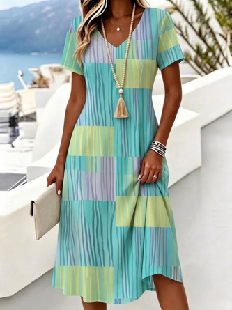 Striped Short Sleeve V Neck Dress Daily Casual Midi Line Summer Dress