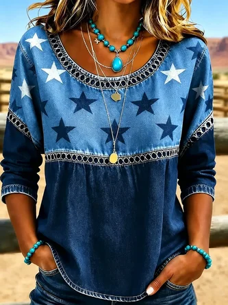 Star Crew Neck Half Sleeve Blouse Printing Casual Daily Summer Top