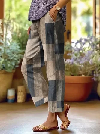 Abstract Plaid Long Pants Casual Spring Fall Trousers