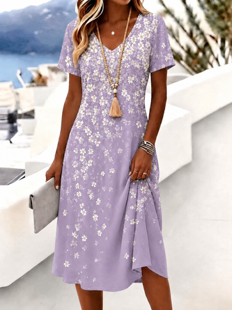 Floral Short Sleeve V Neck Dress Daily Simple Midi T Shirt Dress Line Summer Dress