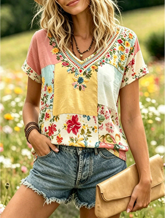 Geometric Short Sleeve Tee T shirt Crew Neck Vintage Summer Top