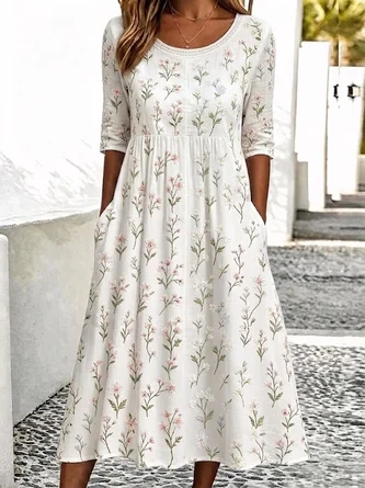Floral Half Sleeve Crew Neck Dress Daily Vintage Maxi H Line Summer Dress