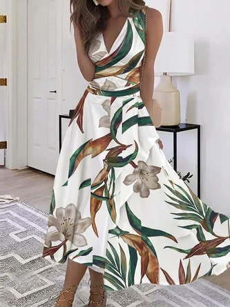 Floral Sleeveless V Neck Dress Party Casual Maxi Line Summer Dress