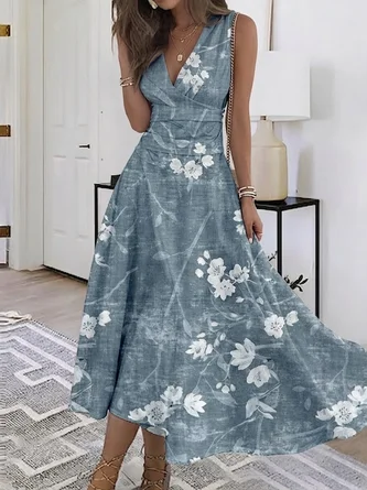 Floral Sleeveless V Neck Dress Daily Vintage Maxi Line Summer Dress