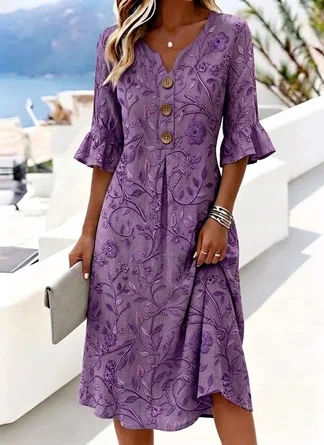 Floral Half Sleeve V Neck Dress Daily Vintage Maxi H Line Summer Dress