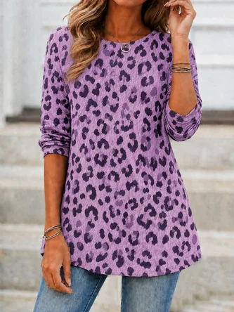 Leopard Long Sleeve Tee T shirt Crew Neck Printing Casual Spring Fall Top