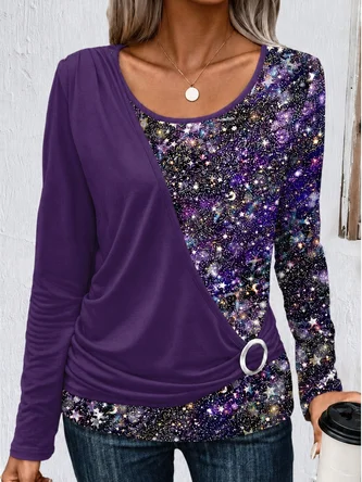 Star Long Sleeve Tee T shirt Crew Neck Printing Casual Spring Fall Top