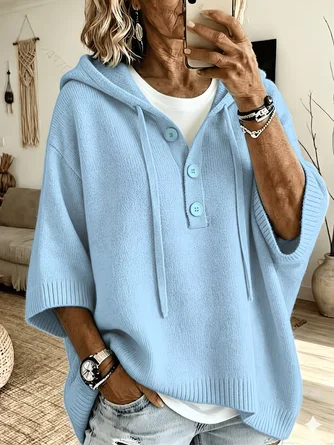Plain Casual Half Sleeve Half Open Collar Yarn Wool Yarn Spring Fall Sweater