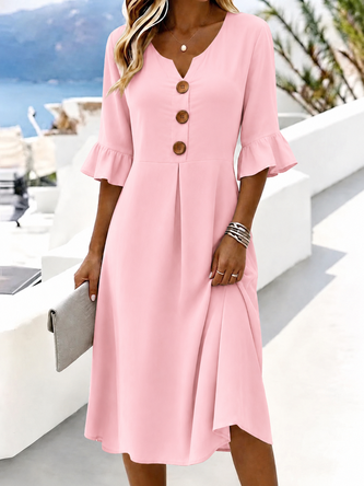 Plain Half Sleeve V Neck Dress Daily Casual Midi Line Summer Dress