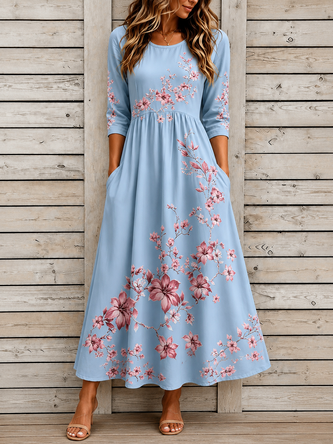 Floral Half Sleeve Crew Neck Dress Daily Casual Maxi T Shirt Dress Line Summer Dress