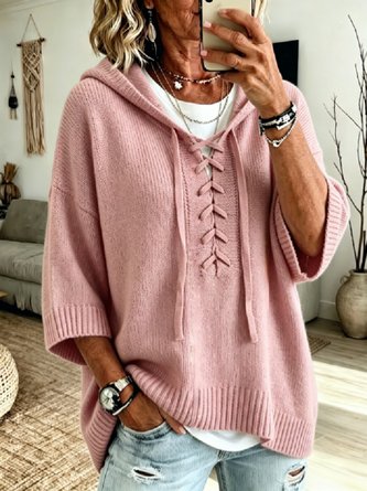 Plain Casual Half Sleeve Hooded Yarn Wool Yarn Spring Fall Sweater