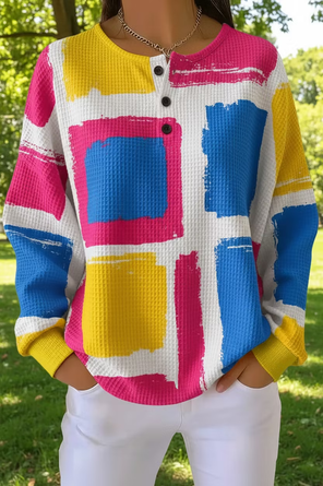 Block Henley Collar Casual Spring Fall Long Sleeve Sweatshirt