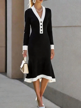 Women Plain Long Sleeve V Neck Dress Party Casual Midi Sweater A-Line Spring/Fall Dress - Image 7