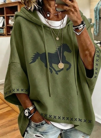 Horse Half Sleeve Vintage Daily Spring Fall Hoodie