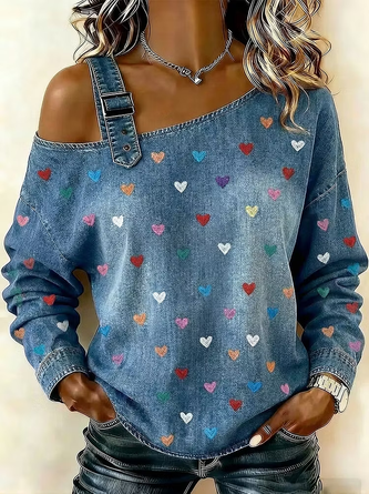 Heart Cordate Asymmetrical Buckle Casual Spring Fall Long Sleeve Sweatshirt