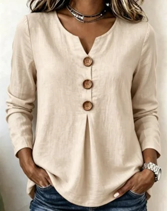 Plain Notched Long Sleeve Blouse Casual Daily Spring Fall Top
