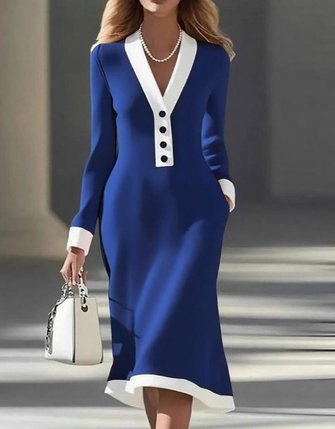 Women Plain Long Sleeve V Neck Dress Party Casual Midi Sweater A-Line Spring/Fall Dress - Image 3