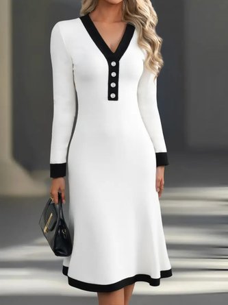Women Plain Long Sleeve V Neck Dress Party Casual Midi Sweater A-Line Spring/Fall Dress - Image 2