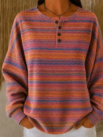 Block Henley Collar Printing Vintage Spring Fall Long Sleeve Sweatshirt
