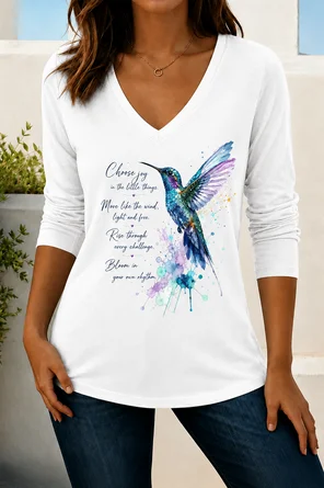 Text Letters Long Sleeve Tee T shirt V Neck Printing Casual Spring Fall Top