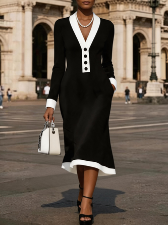 Women Plain Long Sleeve V Neck Dress Party Casual Midi Sweater A-Line Spring/Fall Dress - Image 8
