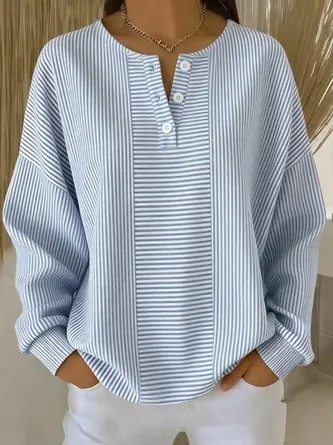 Striped Long Sleeve Tee T shirt V Neck Casual Spring Fall Top