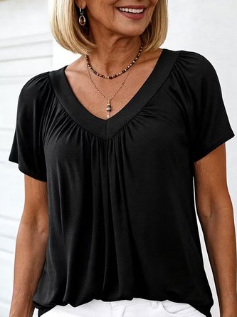 Plain Short Sleeve Tee T shirt V Neck Casual Summer Top